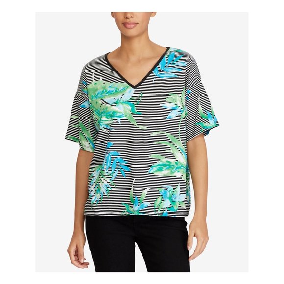 NWT Women Size Small or Large Lauren Ralph Lauren Floral Striped T-Shirt Tee Top - Picture 2 of 3